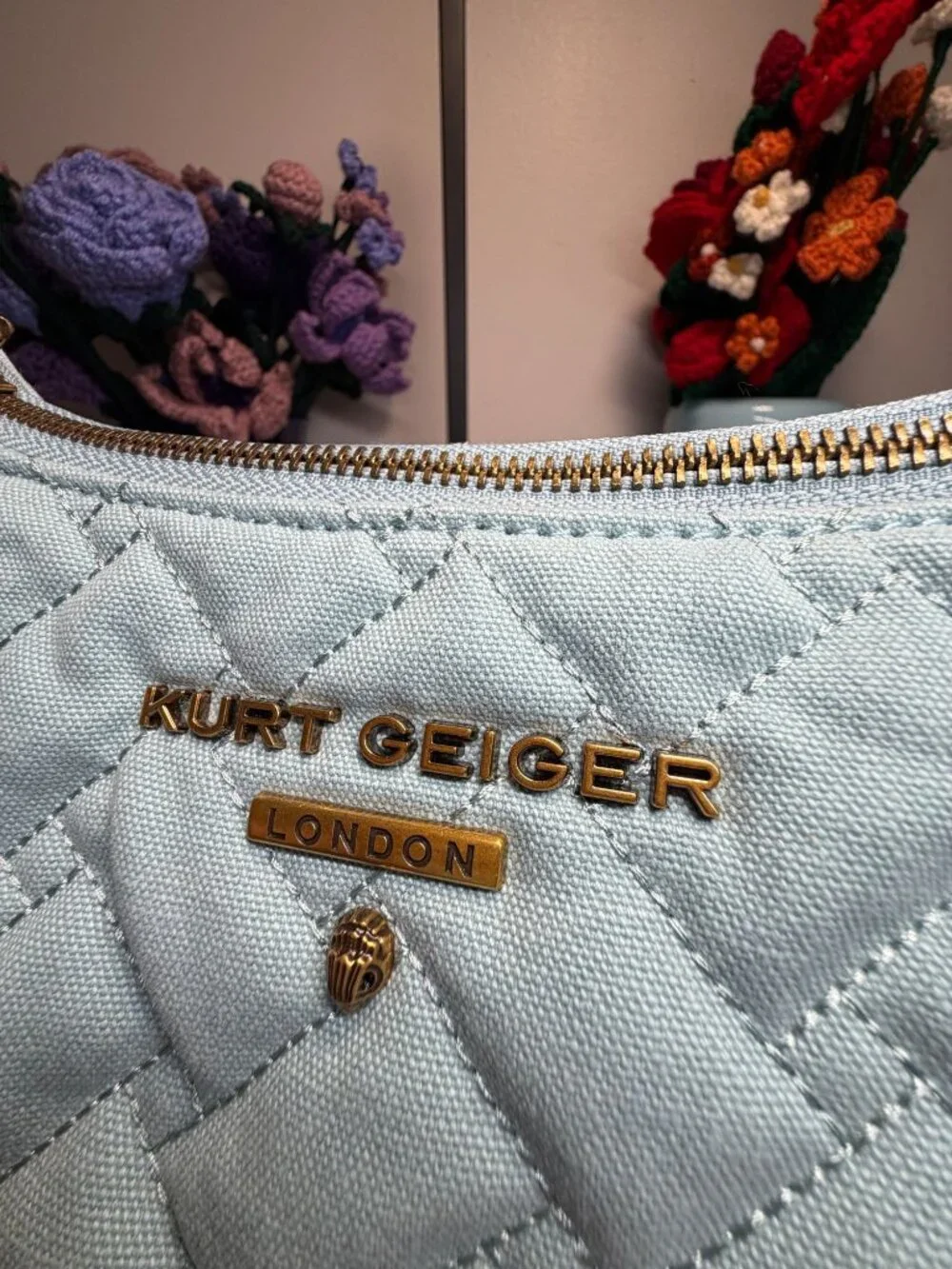 Kurt Geiger Quilted Shoulder Bag With Beaded Charm Strap & Adjustable Gold Hardw
